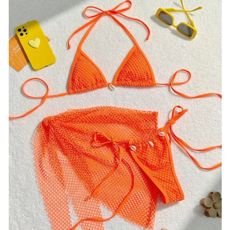 Sexy 3-teiliges Brazilian Bikini Set – Damen Push-Up Badeanzug mit Strandrock & Low-Waist Slip